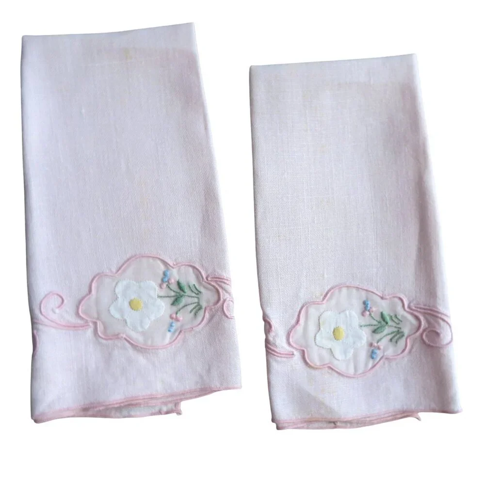 Vintage Pink Battenburg Embroidery Lace Linen Hand Guest Towels 11